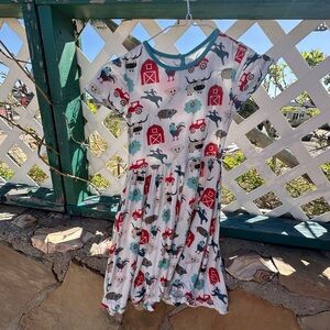 KickKee Kids Bamboo Farm Animal Print Kids Dress - White with Red & Teal Accents